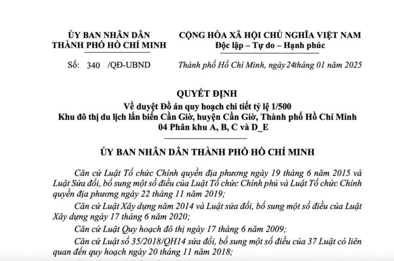 Quyết định về duyệt đồ án Quy hoạch 1/500 Vinhomes Cần Giờ
