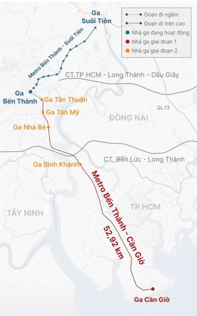 Có tổng cộng 5 ga và được chia ra làm 2 giai đoạn